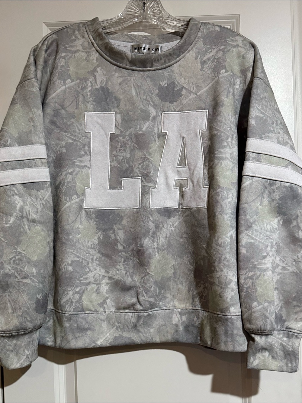 Madden Girl green leaf Camouflage LA Crewneck Sweatshirt